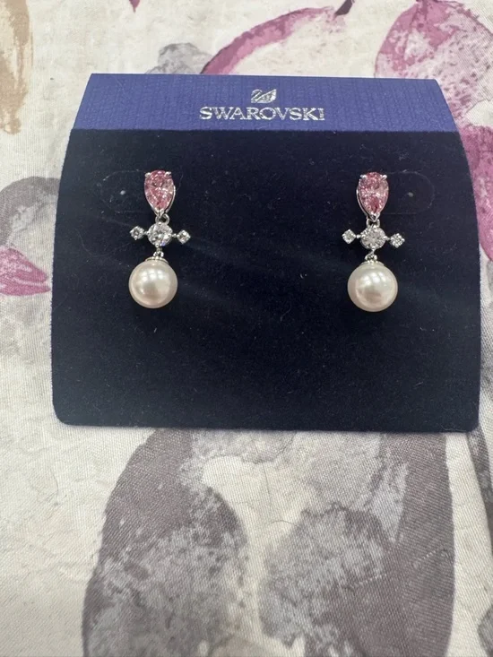 Swarovski Pink Crystal Tear & Pearl Drop Earrings - Picture 2 of 3
